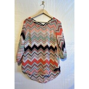 Maurices Small Chevron Tunic Top Strappy Back 3/4 Sleeve Coral Teal